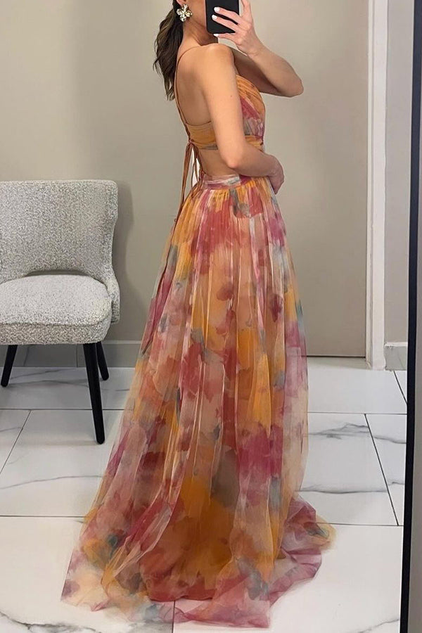 Eirith – Elegant printed lace‑up maxi dress