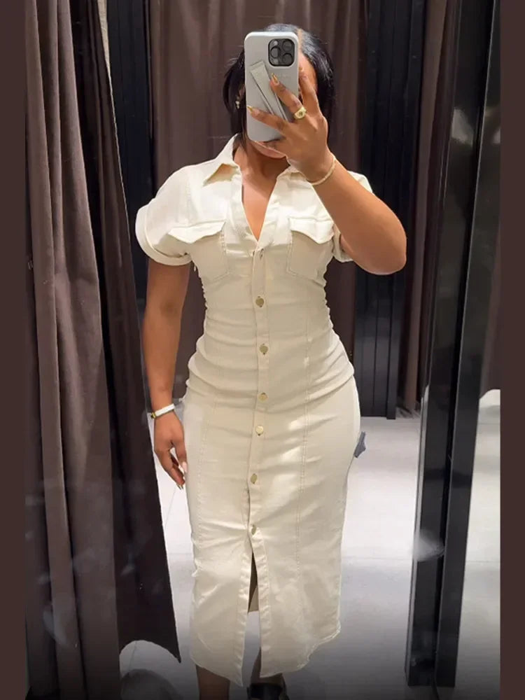 Marina | Denim Maxi-Shirtjurk met Witte Revers