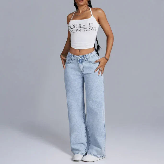 Denim Jeans met Wijde Pijpen en Roze Strikdetails