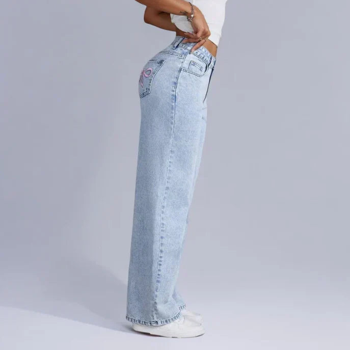 Denim Jeans met Wijde Pijpen en Roze Strikdetails