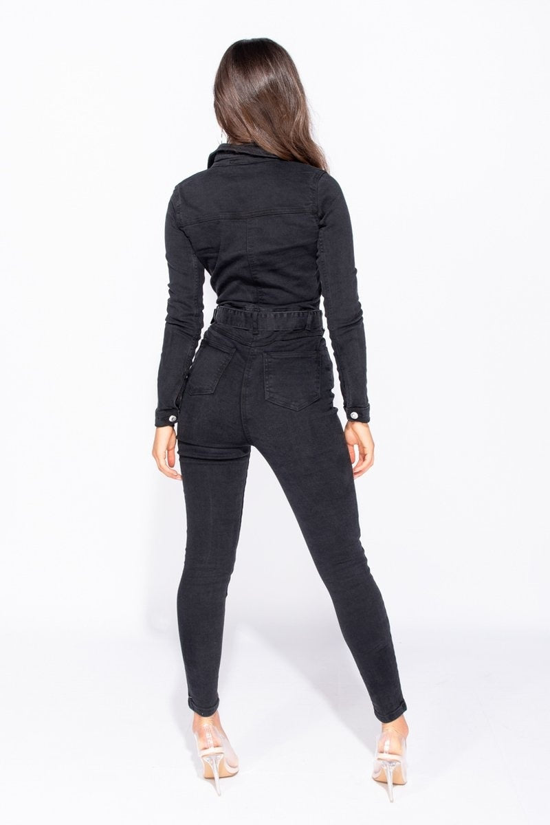 MADELEINE | Donkergrijze Denim Jumpsuit met Ceintuur