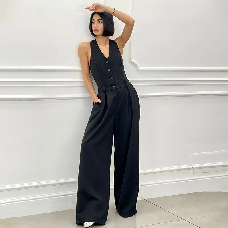 Mouwloze Jumpsuit met Wijde Pijpen en Knoopsluiting voor Dames