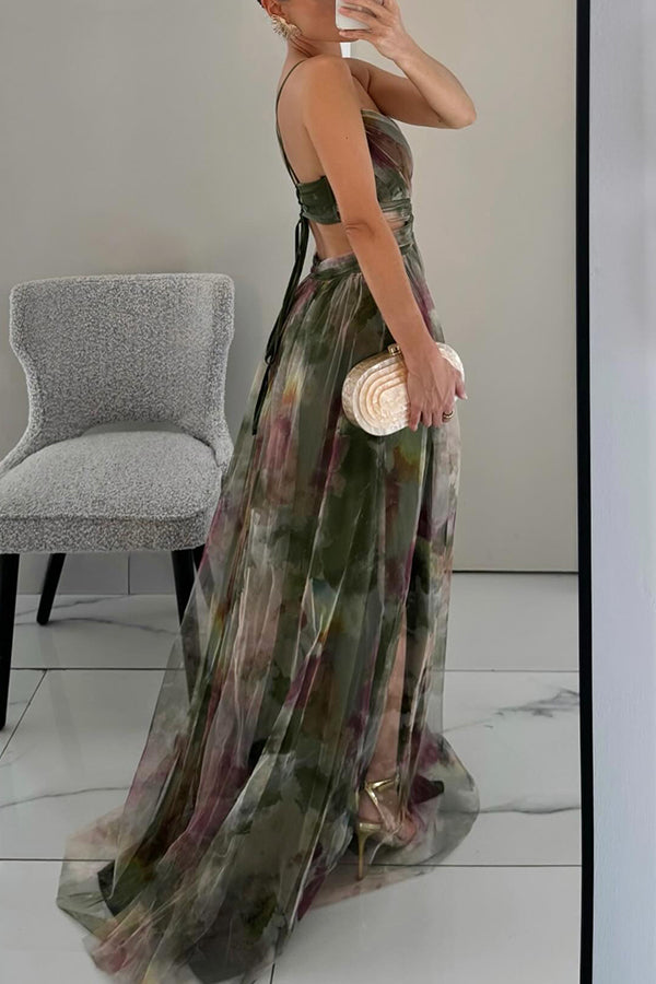 Eirith – Elegant printed lace‑up maxi dress