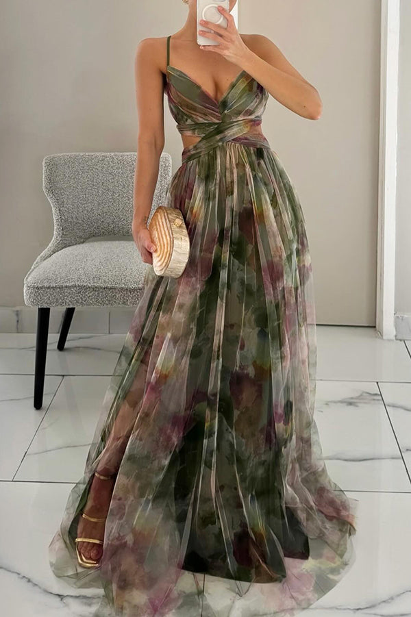 Eirith – Elegant printed lace‑up maxi dress