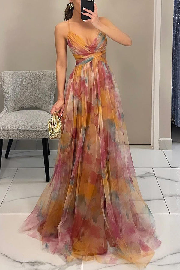 Eirith – Elegant printed lace‑up maxi dress