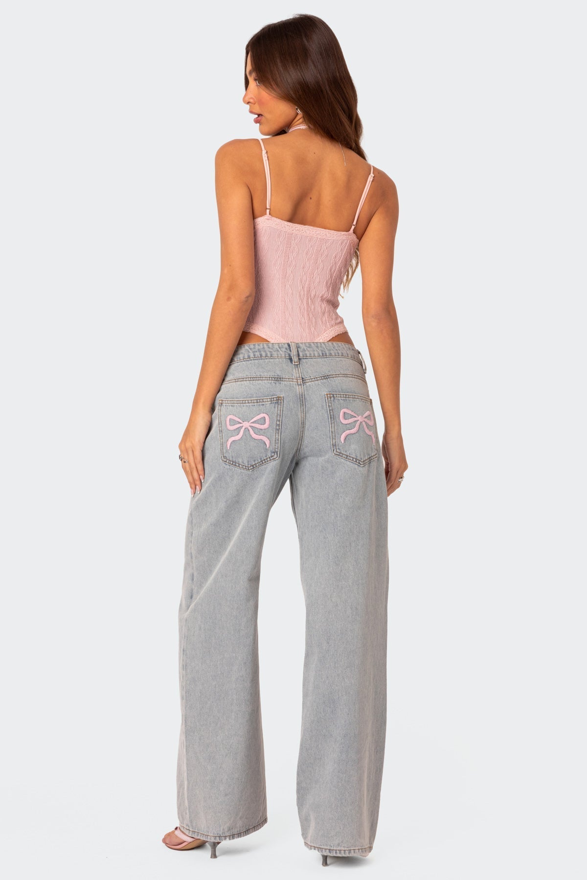 Denim Jeans met Wijde Pijpen en Roze Strikdetails