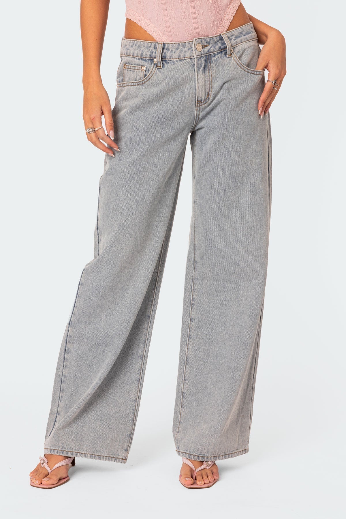 Denim Jeans met Wijde Pijpen en Roze Strikdetails