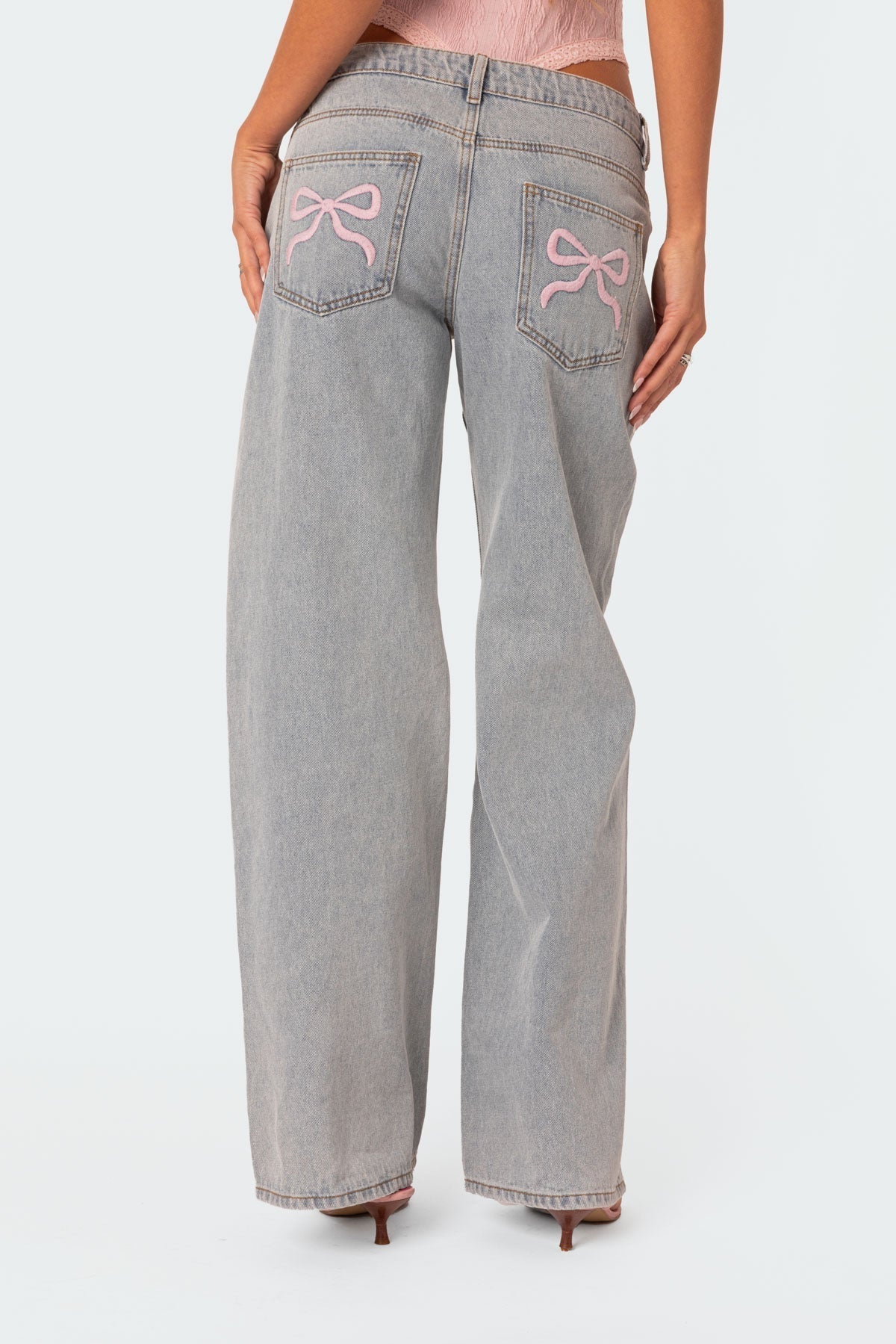 Denim Jeans met Wijde Pijpen en Roze Strikdetails