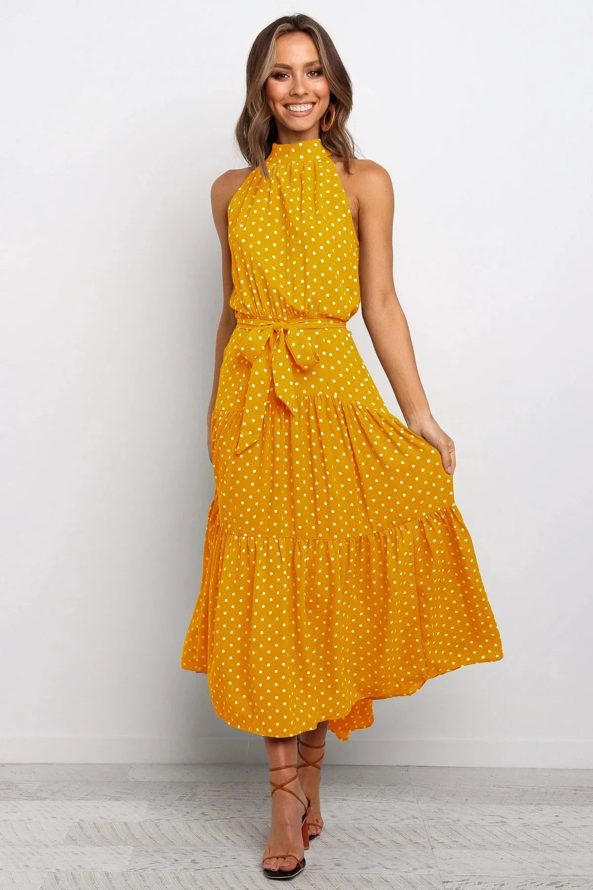 Rafaela - Elegante Midi Jurk met Stipjes en Halsband