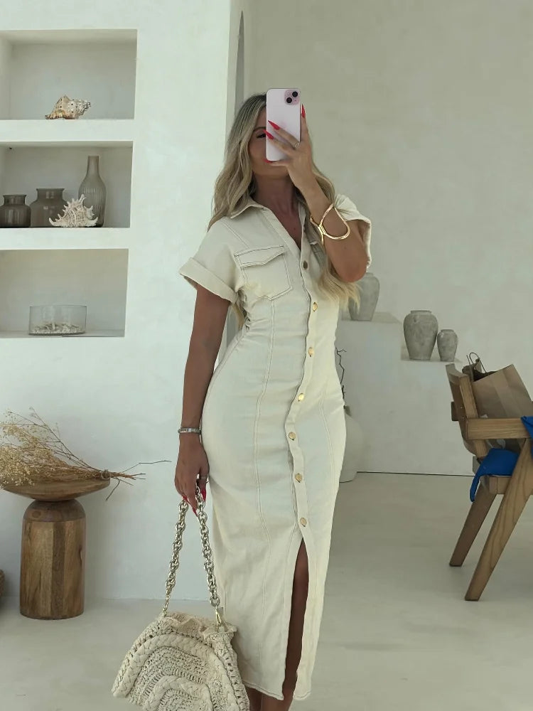 Marina | Denim Maxi-Shirtjurk met Witte Revers