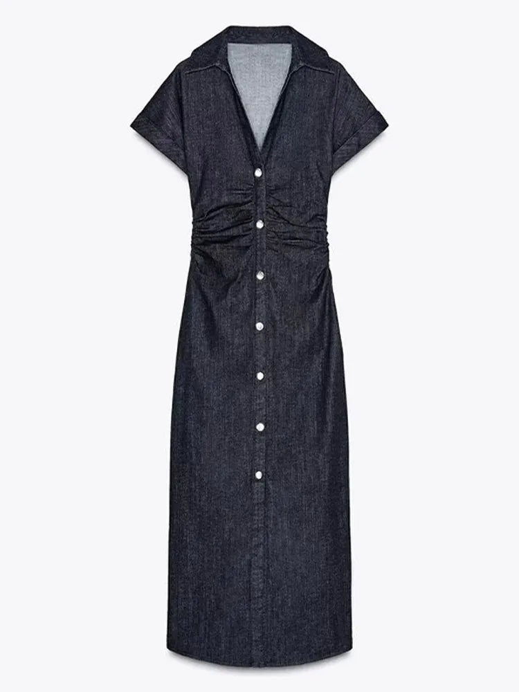 Marina | Denim Maxi-Shirtjurk met Witte Revers