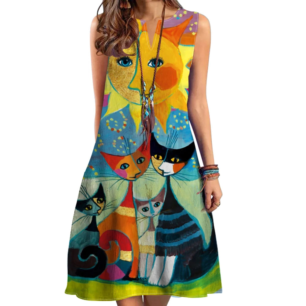 Solara | Boheemse Zomerjurk met Kattenprint