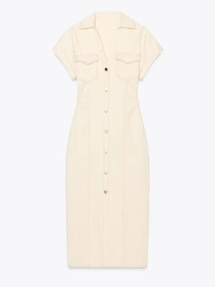 Marina | Denim Maxi-Shirtjurk met Witte Revers