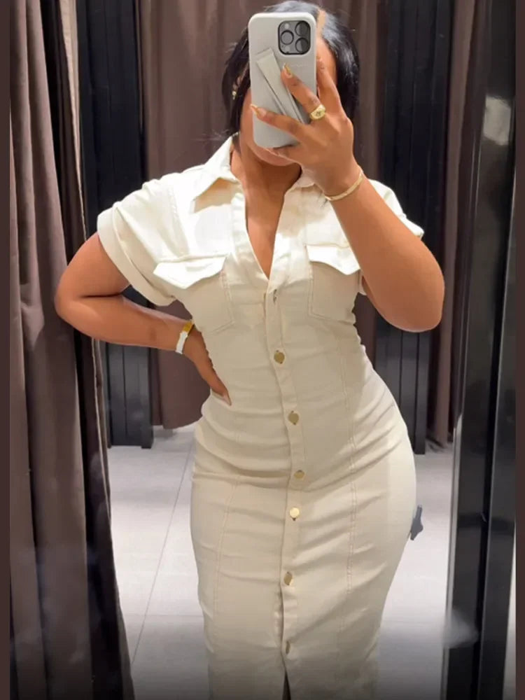 Marina | Denim Maxi-Shirtjurk met Witte Revers