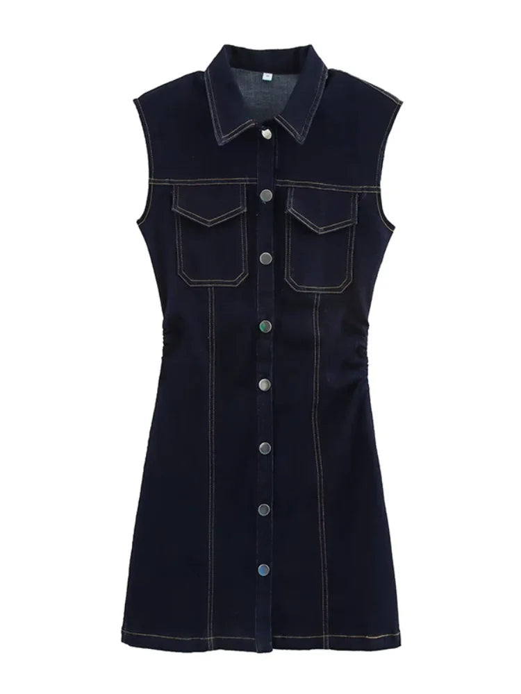 Marina | Denim Maxi-Shirtjurk met Witte Revers
