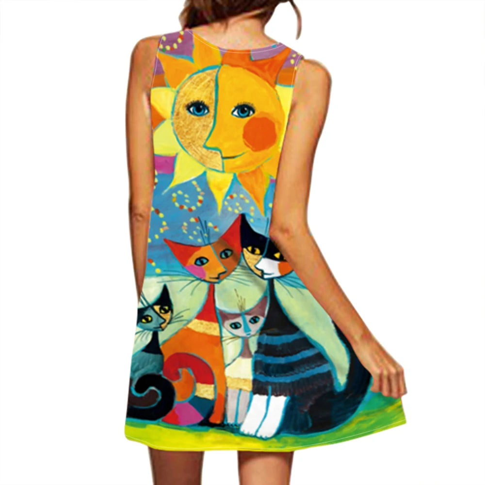 Solara | Boheemse Zomerjurk met Kattenprint