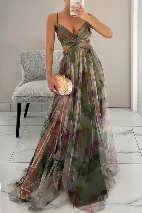 Eirith – Elegant printed lace‑up maxi dress