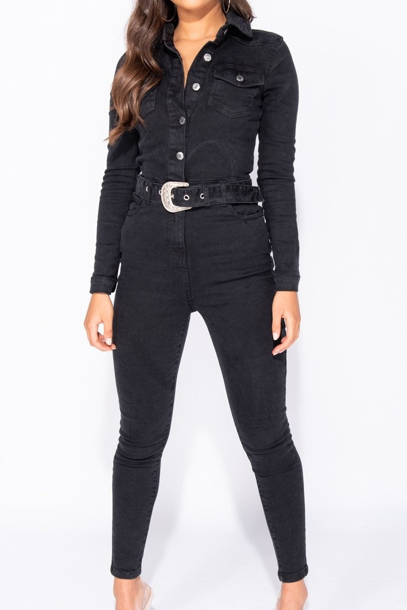 MADELEINE | Donkergrijze Denim Jumpsuit met Ceintuur