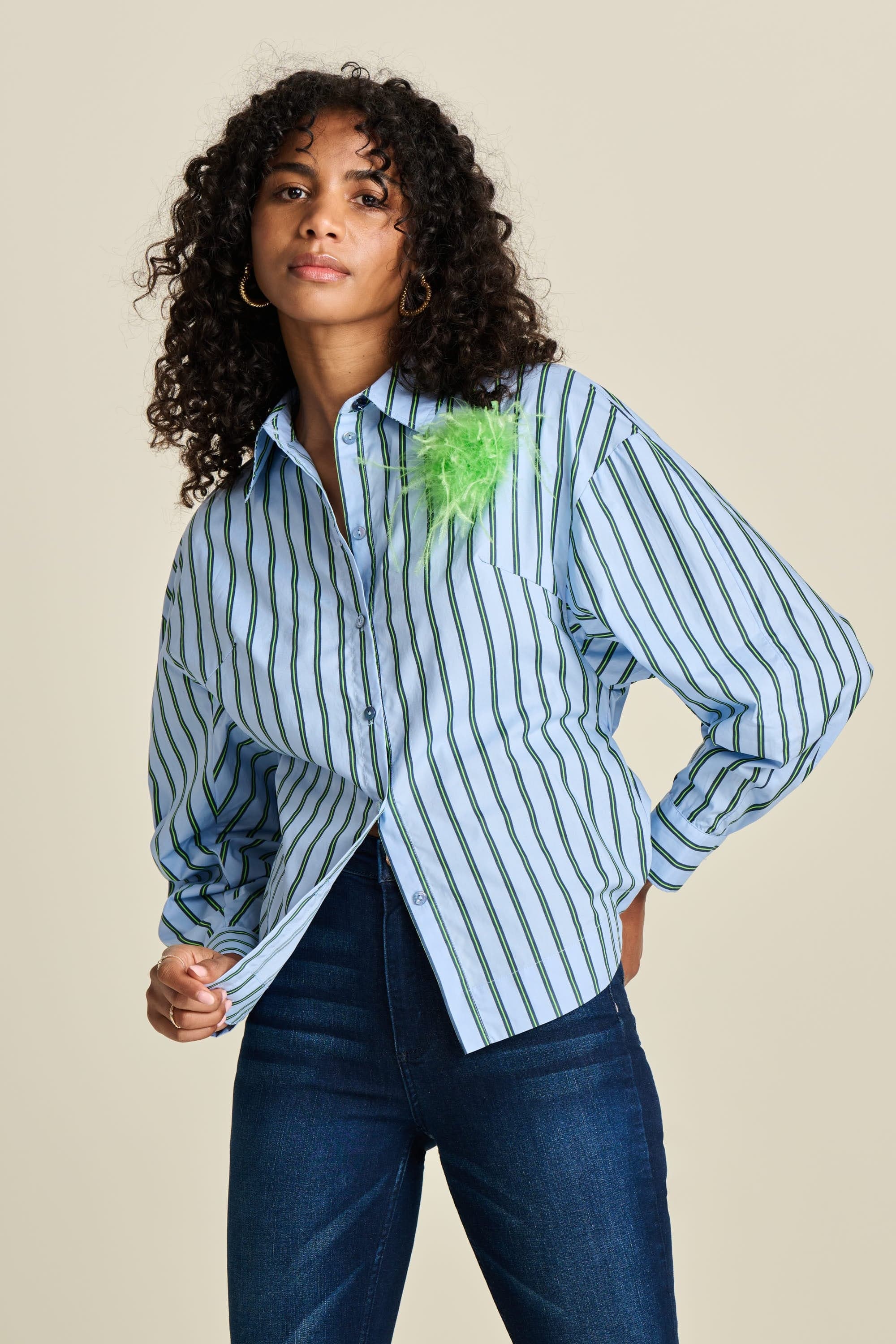 BLOUSE - Striped Poplin Cloudy Blue