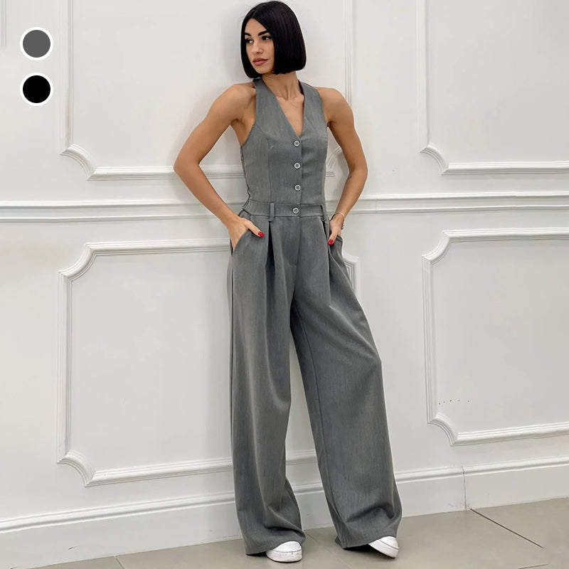 Mouwloze Jumpsuit met Wijde Pijpen en Knoopsluiting voor Dames