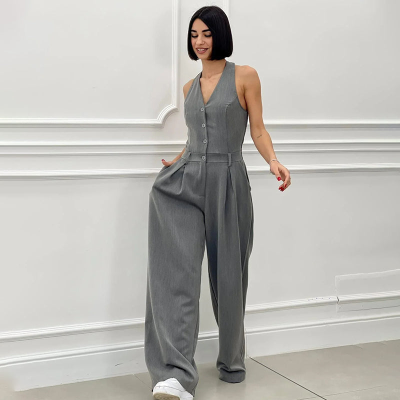 Mouwloze Jumpsuit met Wijde Pijpen en Knoopsluiting voor Dames