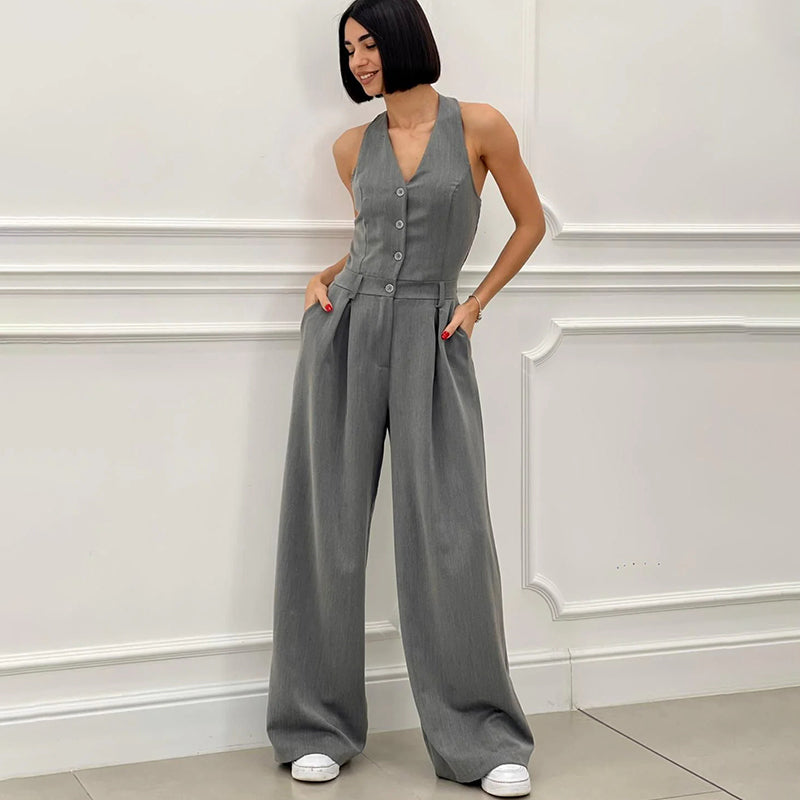 Mouwloze Jumpsuit met Wijde Pijpen en Knoopsluiting voor Dames