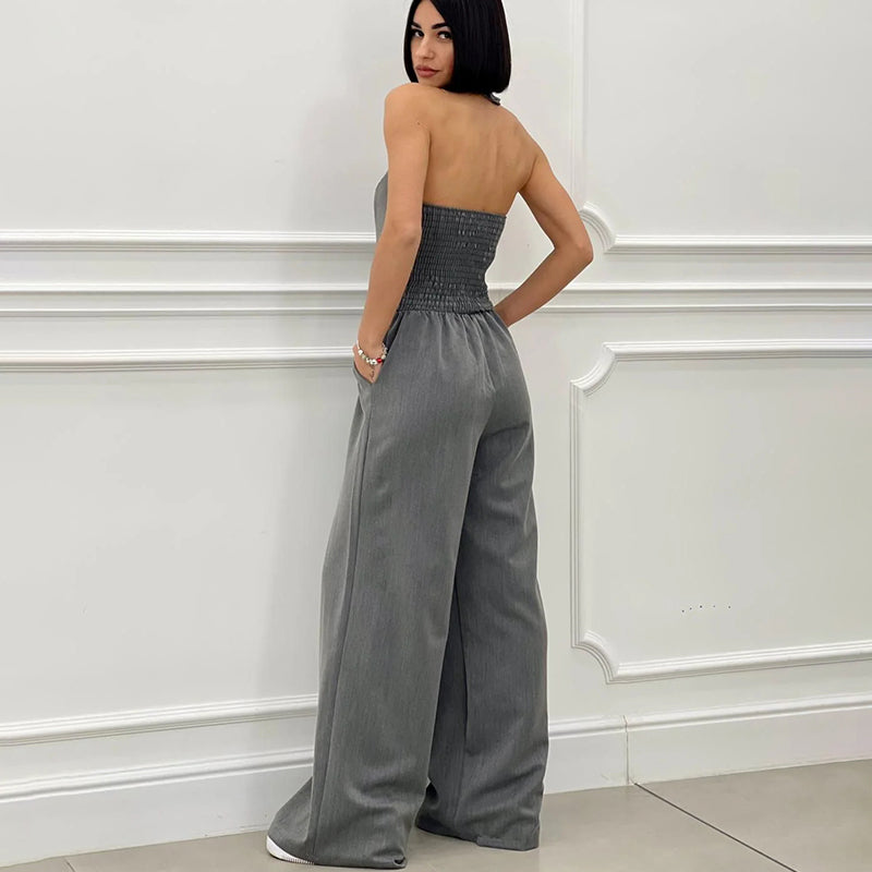 Mouwloze Jumpsuit met Wijde Pijpen en Knoopsluiting voor Dames