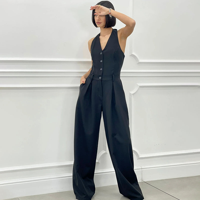 Mouwloze Jumpsuit met Wijde Pijpen en Knoopsluiting voor Dames