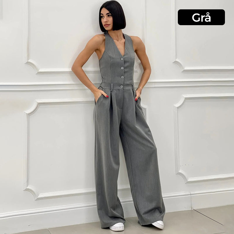 Mouwloze Jumpsuit met Wijde Pijpen en Knoopsluiting voor Dames